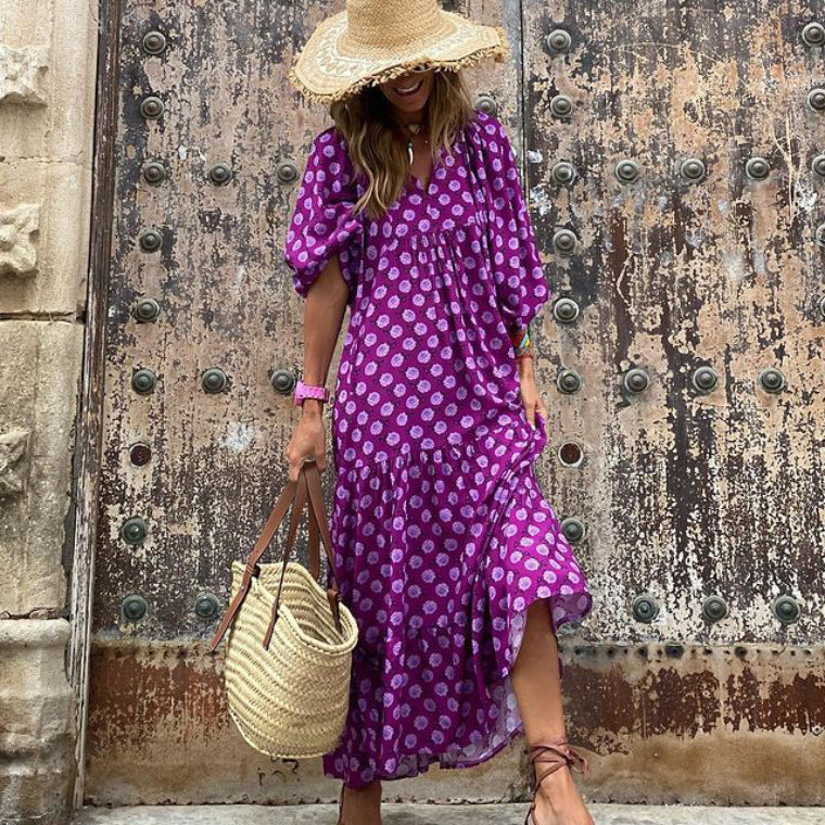 2023 Autumn New Women's V Neck Leopard Print Maxi Dress - Boho Chiffon Flowy Long Dress