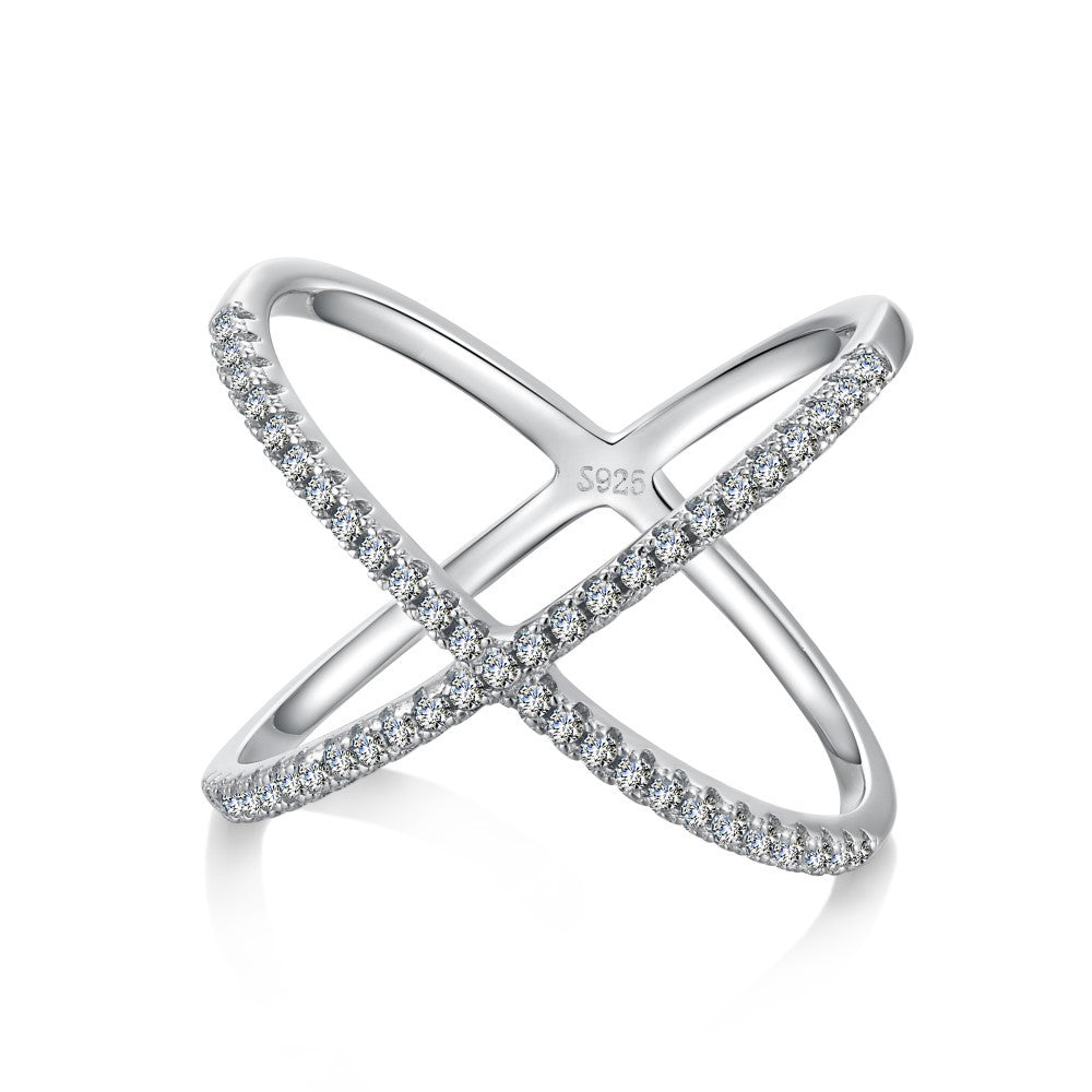 S925 Sterling Silver Ring Light Luxury Zircon Inlaid Cross Ring Stacked Ring Geometric Personality Jewelry Female Ring