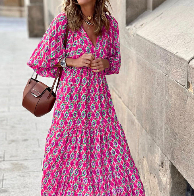 2023 Autumn New Women's V Neck Leopard Print Maxi Dress - Boho Chiffon Flowy Long Dress