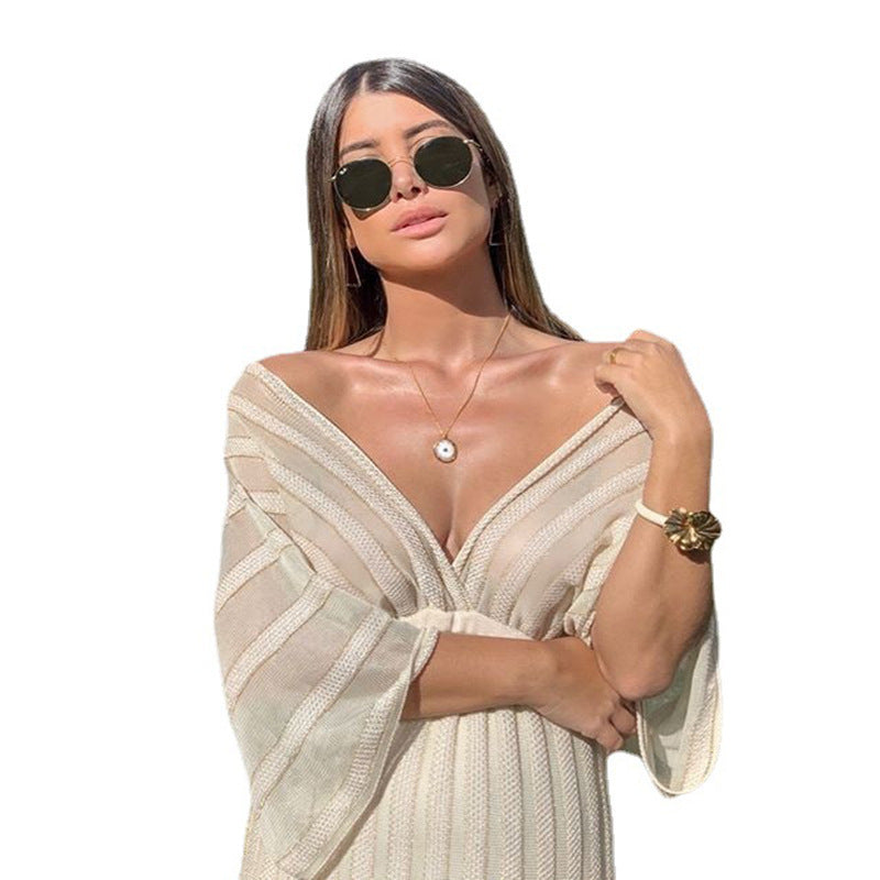 2023 Spring European And American Foreign Trade New Women's Slim Dress Wish Amazon V-neck Shawl Sleeve Dress