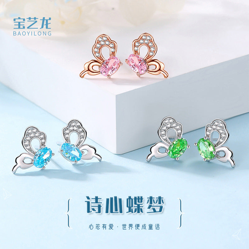 Baoyilong New Product S925 Sterling Silver Light Luxury Niche Ice Flower Stone Butterfly Earrings Women's High-end Earrings Earrings Wholesale